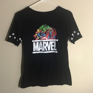 Black Fitted Marvel Shirt with Star Sleeve Design
